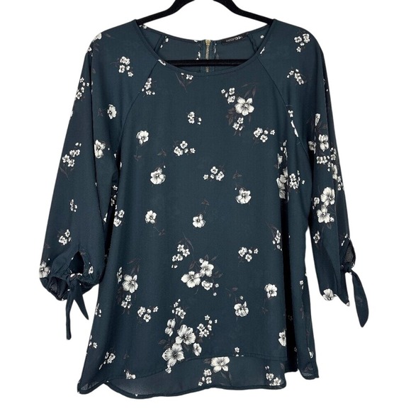 Papermoon Tops - Papermoon Floral Blouse Large Dark Teal Scoop Neck 3/4 Sleeve Tie Cuff Top